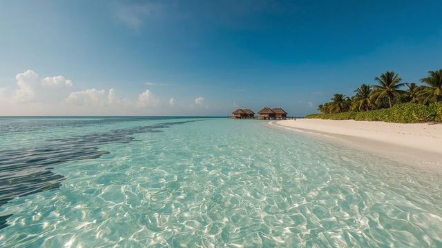 Tropical paradise beach with overwater bungalows and clear water