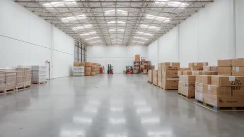 Spacious Warehouse with Idle Forklifts and Wrapped Pallets