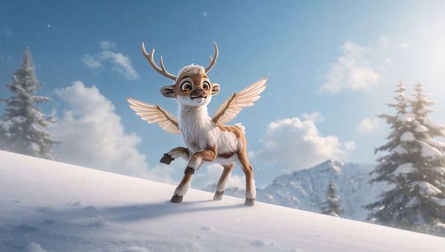 Playful winged deer standing on snowy slope gazing toward sunlight in magical alpine winter