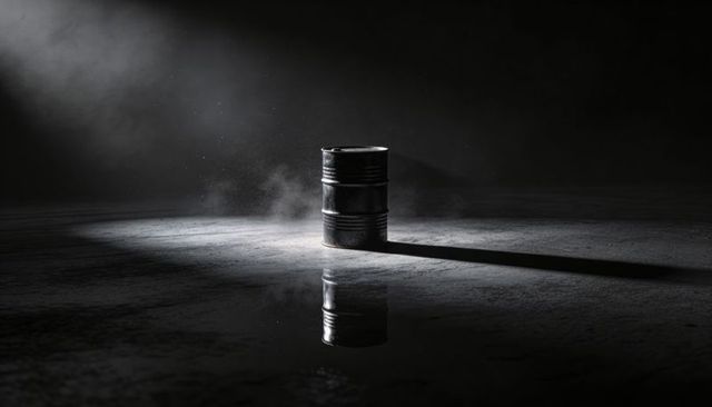 Weathered 55-Gallon Metal Drum Casting Long Shadow and Reflection on Wet Concrete Floor