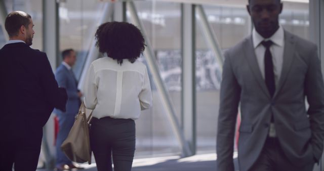Back view of two diverse male and female businessmen walking and talking in corporate hallway. Casual business, teamwork, communication and office, unaltered.