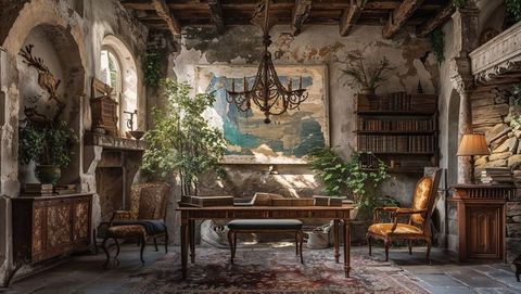 Rustic writing desk in antique stone study room with world map