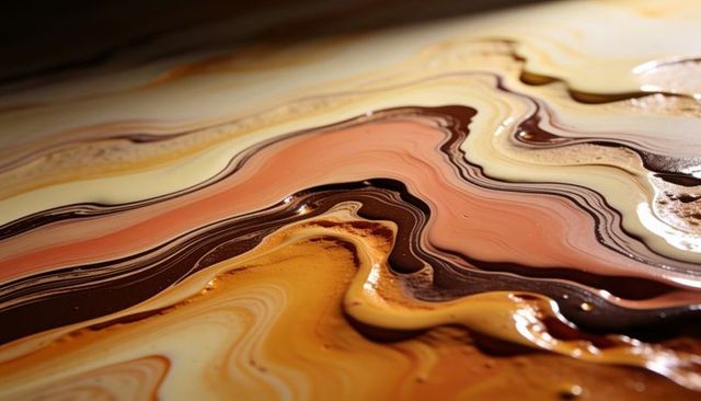 Flowing marbled resin in warm earth tones creating glossy sinuous layers