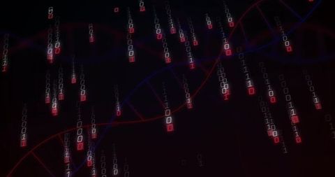 Neon dna data stream with falling binary code for futuristic biotech visualization