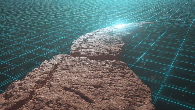 Textured curving rock path leading toward neon horizon over retro-futuristic glowing grid