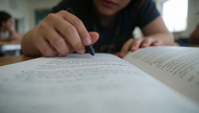 Female student wearing dark shirt writing in open textbook at classroom desk taking notes