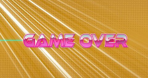 Retro game over screen with neon pink text and light trails