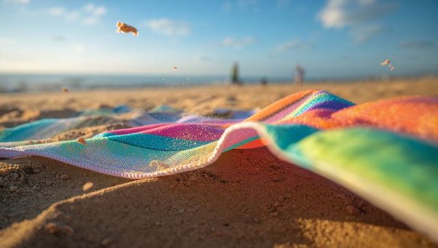 Colorful striped beach towel lying on warm sand, airborne grains and distant ocean horizon