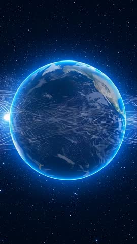 Rotating Earth with Pulsing Data Streams Vertical CGI Video for Global Network Intros