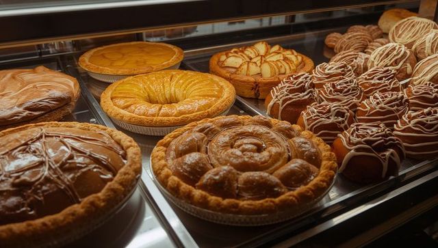 Display case with assorted pies and pastries in rustic bakery