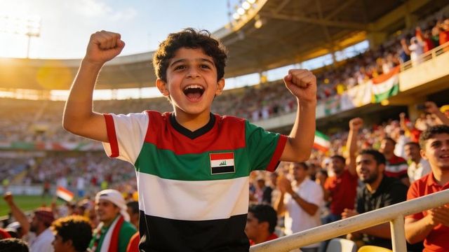 Joyful iraqi soccer fan cheering with raised fists in sunlit stadium crowd celebration