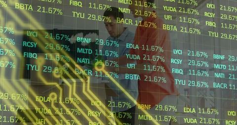 Financial Data Overlay on Diverse Coworkers Collaboration in Modern Office