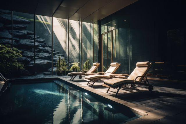 Loungers by relaxation pool with garden view at health spa, created using generative ai technology. Health spa, wellbeing, architectural design and luxury concept digitally generated image.