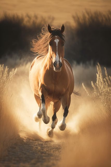 Brown horse running in field, created using generative ai technology. Nature, horse, animal and wildlife concept digitally generated image.