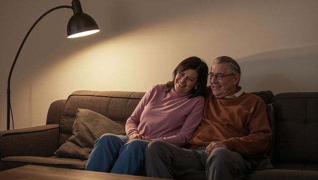 Middle-aged couple relaxing on sofa, leaning together under warm lamp light