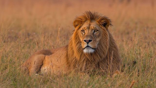 Regal male lion resting in golden savanna, raising head and gazing at sunrise light