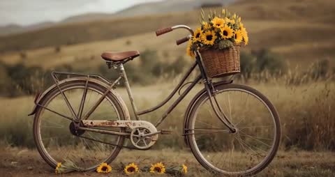 Red Bicycle with Sunflower Basket in Tranquil Field