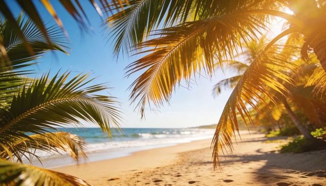 Sunlit palm fronds framing tropical beach with golden sand and turquoise waves
