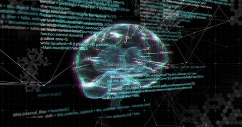 Holographic Brain Visualizing Code Streams and Hex Grid Network for AI Research Concept
