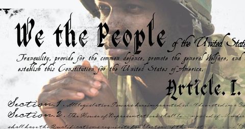 African American Soldier Praying with Declaration Overlay