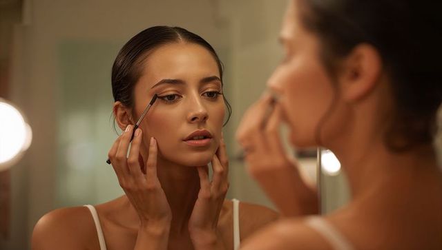Young woman applying eyeliner at vanity mirror during intimate evening beauty routine