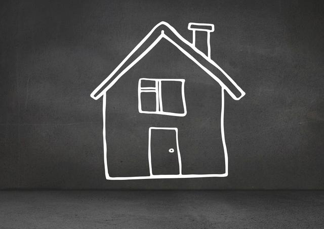 This image shows a simplistic, hand-drawn house shape on a black background, resembling a chalkboard. It can be used for real estate presentations, home decor concepts, DIY projects, educational materials, and various design projects focusing on minimalistic and creative themes.