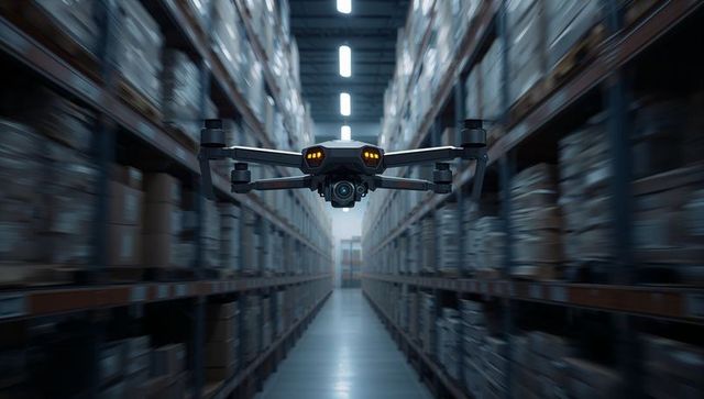 Advanced drone conducting inventory check in modern warehouse