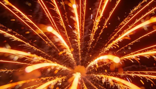 Radiant firework burst exploding into orange light trails, sparkling embers, vibrant bokeh