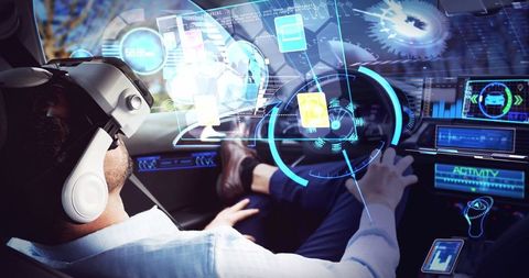 Businessman Experiencing Virtual Reality in Autonomous Car with Digital Interface