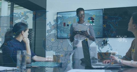 Leader Discussing Business Innovation and Strategy with Holographic Map