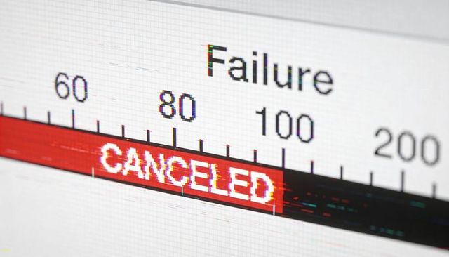 Glitchy monitor displaying canceled on failure scale with pixel grid and rgb distortion