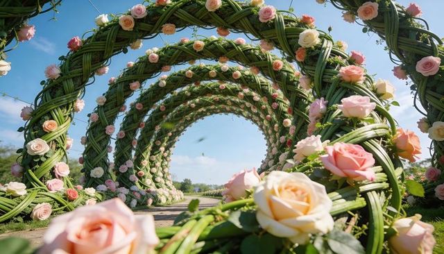 Braided vine tunnel lined with pastel roses leading garden path romantic wedding arch