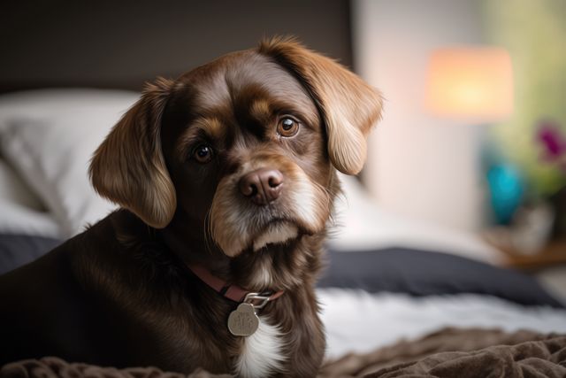 Portrait of cute white and brown dog on bed, created using generative ai technology. Animal, dog and pet concept digitally generated image.