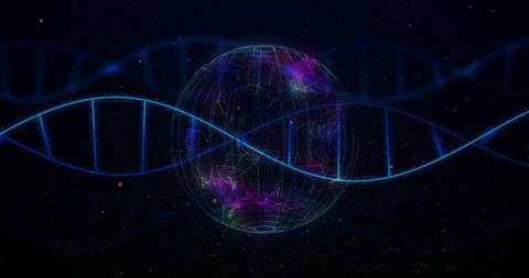 Futuristic globe with dna strands and digital data representation