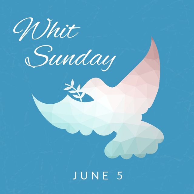 Digital composite of whit sunday text with olive branch in dove's beak and date on blue background. symbolism, and religion concept.