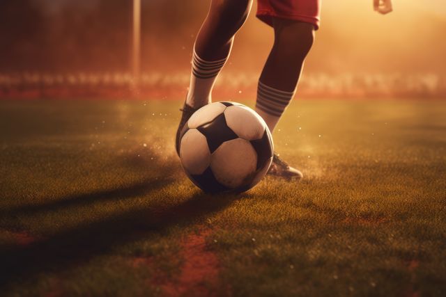 Caucasian footballer kicking white and black football, created using generative ai technology. Football, sports and competition concept digitally generated image.