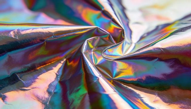 Crumpled holographic foil spiral showing iridescent rainbow sheen and metallic creases