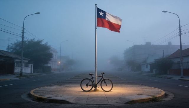 Foggy chilean flag flying on roundabout with lone bicycle glowing under lamplight at dusk