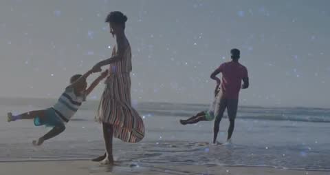 Family Playing Joyfully at Beach with Sparkling Effect
