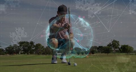 Golfer Analyzing Putt with Digital Brain Overlay on Lush Course