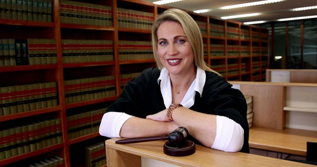 This image captures a professional female judge smiling confidently in a court library with a gavel, suitable for use in legal websites, articles on justice, law office brochures, and educational materials related to legal studies.