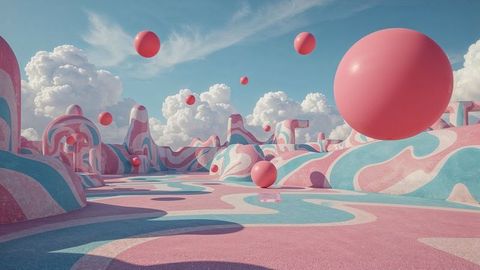Surreal pink spheres in dreamy pastel landscape