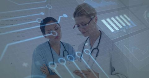 Medical Staff Analyzing Patient Charts with Digital Interface Overlay