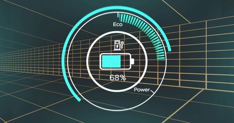 Futuristic Tech Interface Displaying Battery Status in Virtual Wireframe Corridor