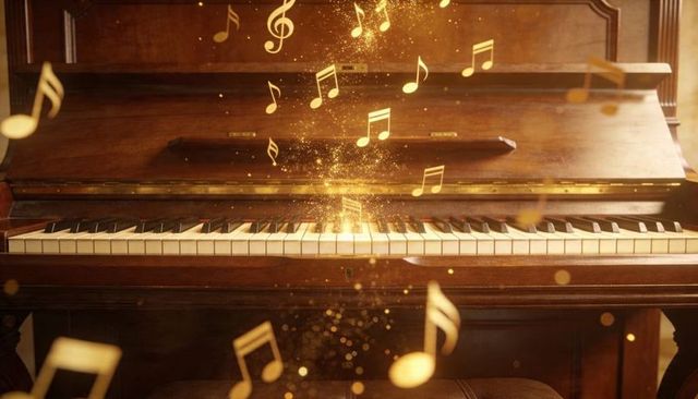 Glowing upright piano emitting golden musical notes in warm light