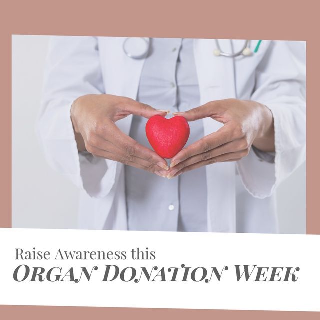 Biracial female doctor holding red heart shape, raise awareness this organ donation week in frame. Digital composite, importance of organ donation, encourage people, donate healthy organs after death.