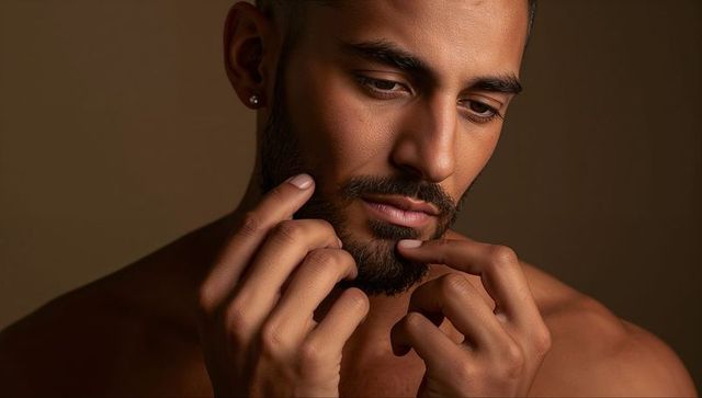 Shirtless bearded man touching trimmed beard, contemplative close-up portrait, stud earring