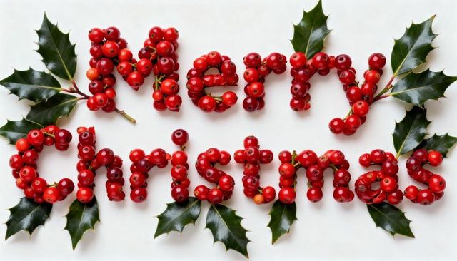 Merry Christmas spelling with red holly berries and glossy green leaves flatlay