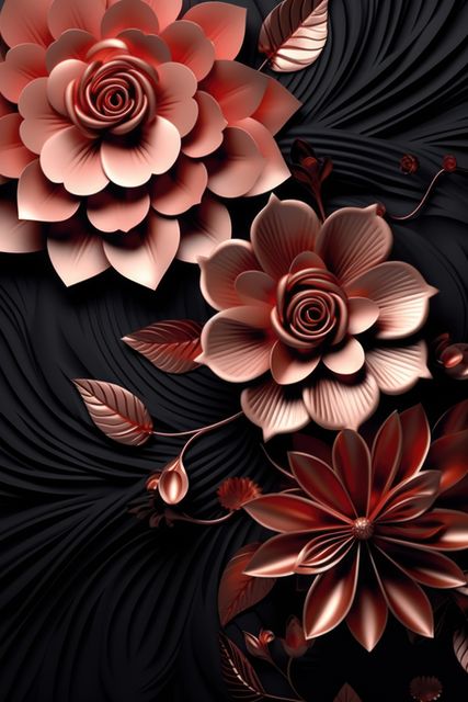 Shiny rose gold and black 3d flowers, created using generative ai technology. Luxury, interior design and abstract background concept digitally generated image.