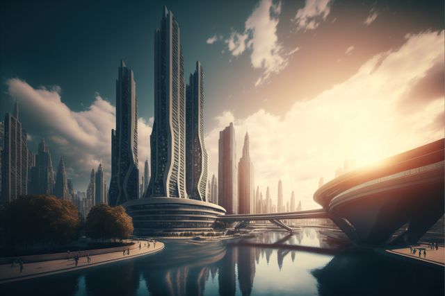 Image of futuristic cityscape with people on street and lake, created using generative ai technology. City and futuristic concept, digitally generated image.